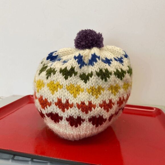 Rainbow Hearts Hand Knit Pom Pom Beanie, Winter Hat with Heart Design in Rainbow - Picture 6 of 8
